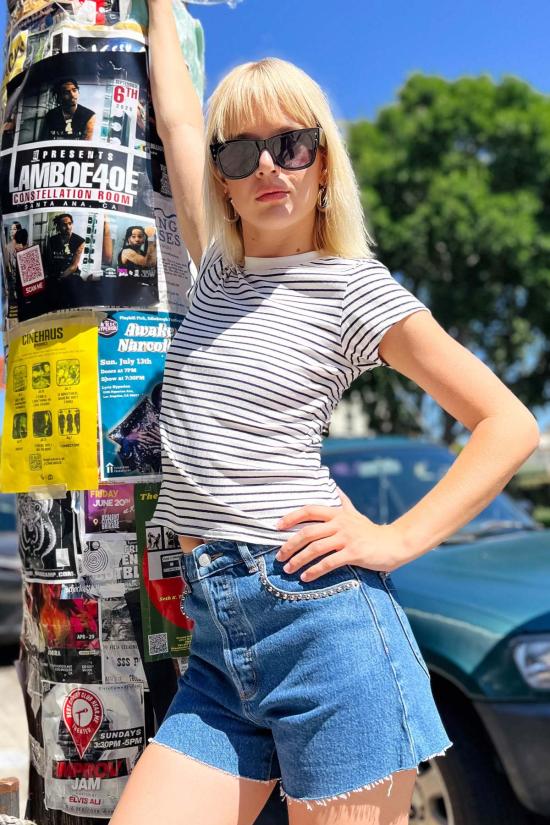  퍼펙트 화이트 티 민소매 티셔츠 주드 스트라이프 티 네이비 스트라이프 - PERFECT WHITE TEE