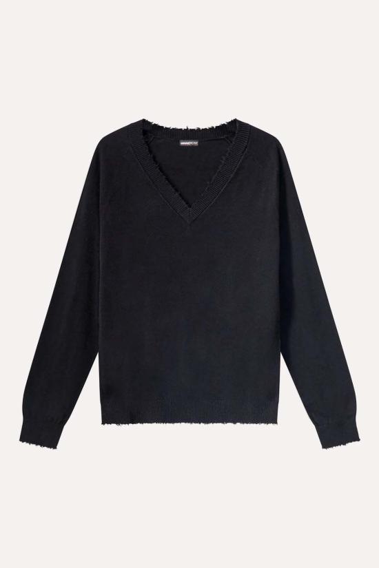  미니 로즈 가디건 코튼 캐시미어 프레이드 엣지 V넥 스웨터 - MINNIE ROSE