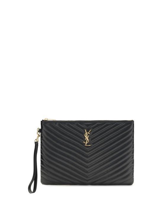 26SS 생로랑 퀼티드 레더 골드 모노그램 카산드라 마틀라세 태블릿 파우치 559193CWU01 1000 BLACK