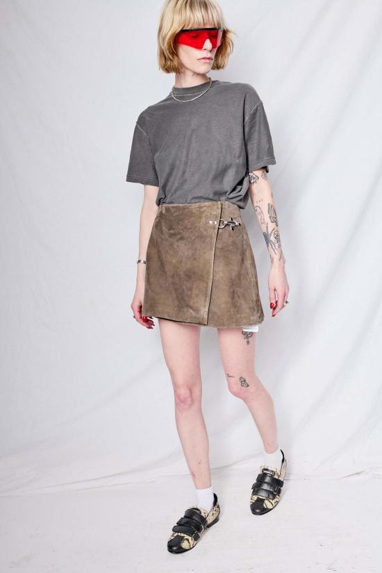  어셈블리 뉴욕 숏 스커트 조립 앤틱 브라운 가죽 소방관 랩 미니 스커트 - ASSEMBLY NEW YORK