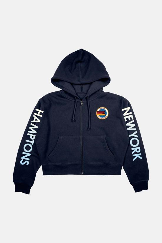  블루&크림 후드 티셔츠 위 런 나이 크롭 지퍼 후드 티셔츠