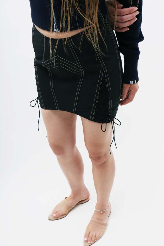  프리스카베라 숏 스커트 레인웨어 레이스업 코르셋 미니 스커트 블랙 - PRISCAVERA