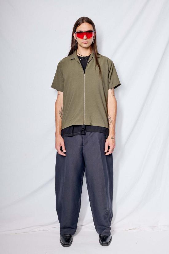  어셈블리 뉴욕 반팔 셔츠 어셈블리 그린 시어서커 지퍼 캠프 - ASSEMBLY NEW YORK