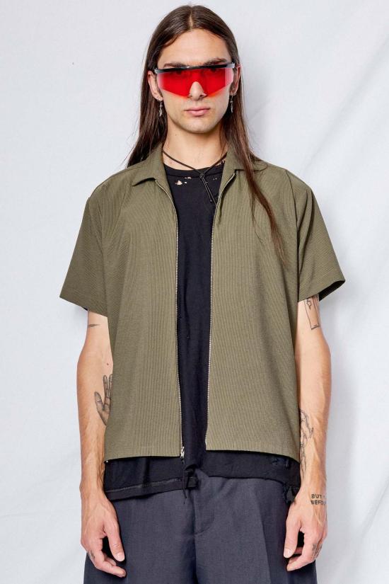  어셈블리 뉴욕 반팔 셔츠 어셈블리 그린 시어서커 지퍼 캠프 - ASSEMBLY NEW YORK