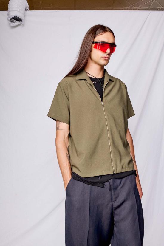  어셈블리 뉴욕 반팔 셔츠 어셈블리 그린 시어서커 지퍼 캠프 - ASSEMBLY NEW YORK