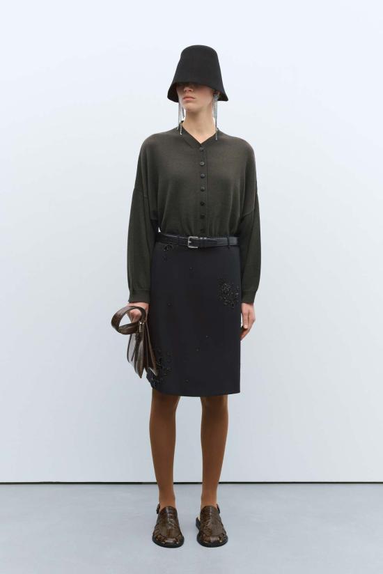  코데라 미디 스커트 코르데라 장식 테일러링 스커트 블랙