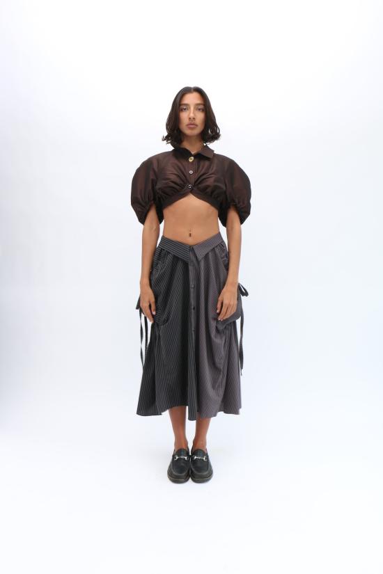  Banzo 미디 스커트 반조 패니어 스커트 그레이 스트라이프