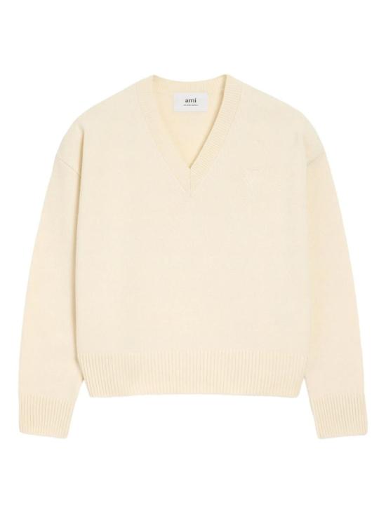 25FW 아미 아미 드 꾀흐 V 넥 스웨터 UKS820KN0071 61719 185 IVORY Beige