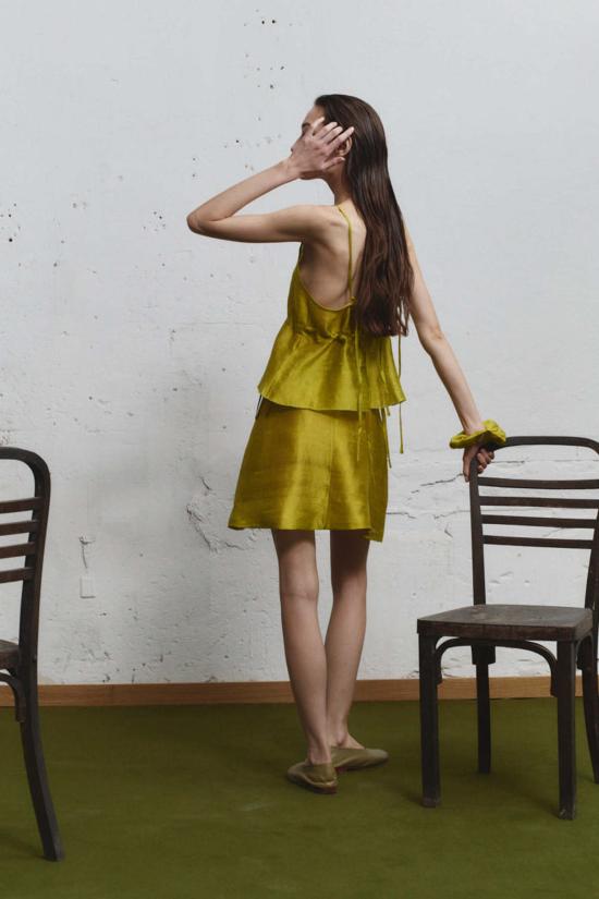  다두라 숏 스커트 Datura Pistacho Dupion 랩 미니 스커트 - DATURA