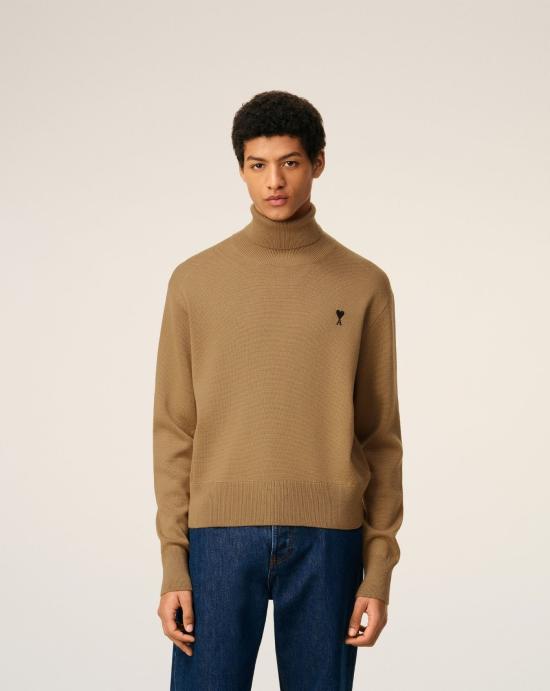 24FW 아미 스몰 하트 로고 메리노 울 니트 터틀넥  HKS827001 288 Camel black - AMI