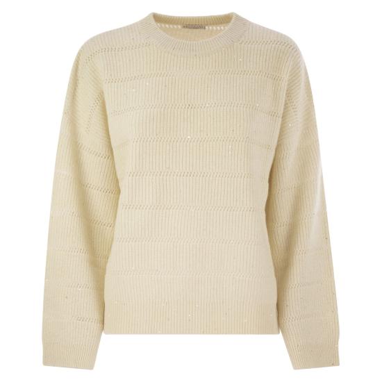 25FW 브루넬로 쿠치넬리 스트라이프 캐시미어 울 립 대즐링 스웨터 MBM738200 CREAM