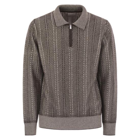 25FW 브루넬로 쿠치넬리 헤링본 패턴 지퍼 폴로 셔츠 M22709305 GREY