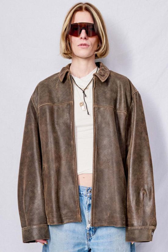  어셈블리 뉴욕 가죽 자켓 어셈블리 브라운 크랙드 레더 지퍼 재킷 - ASSEMBLY NEW YORK