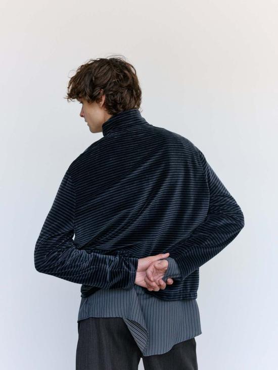  아워레가시 긴팔 티셔츠 아워 레거시 팬텀 스트라이프 벨루어 코튼 슈렁큰 풀지프 폴로 - OUR LEGACY