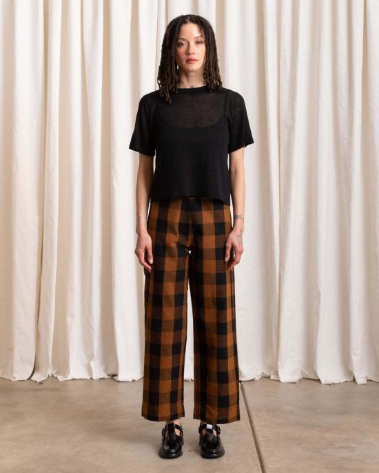  알리 골든 스트레이트 팬츠 실크 플라이 프런트 팬츠 구리색/검정색 플레드 - ALI GOLDEN