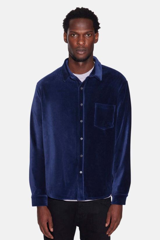  블루&크림 긴팔 셔츠 마이크로 코드 벨루어  네이비