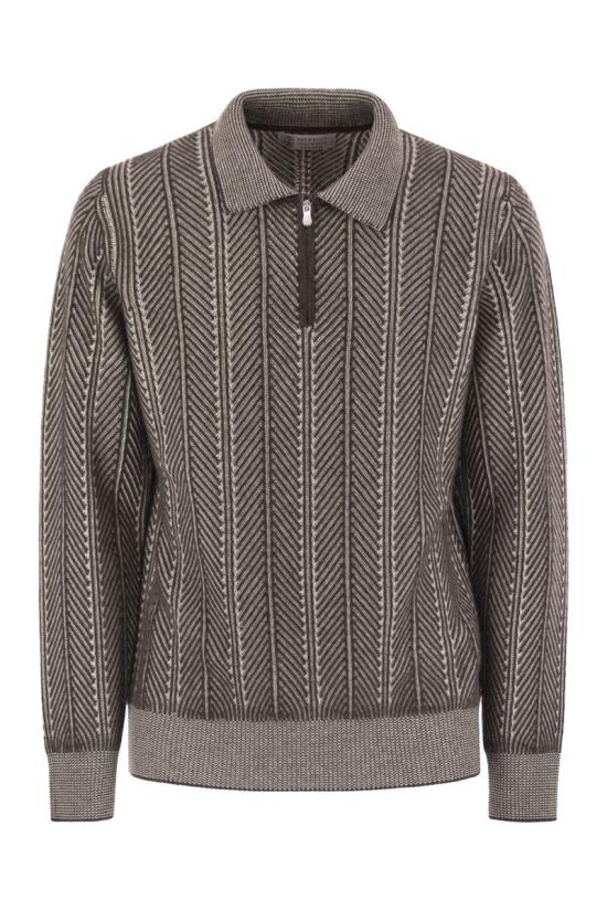 25FW 브루넬로 쿠치넬리 헤링본 패턴 지퍼 폴로 셔츠 M22709305 CPJ38 GREY