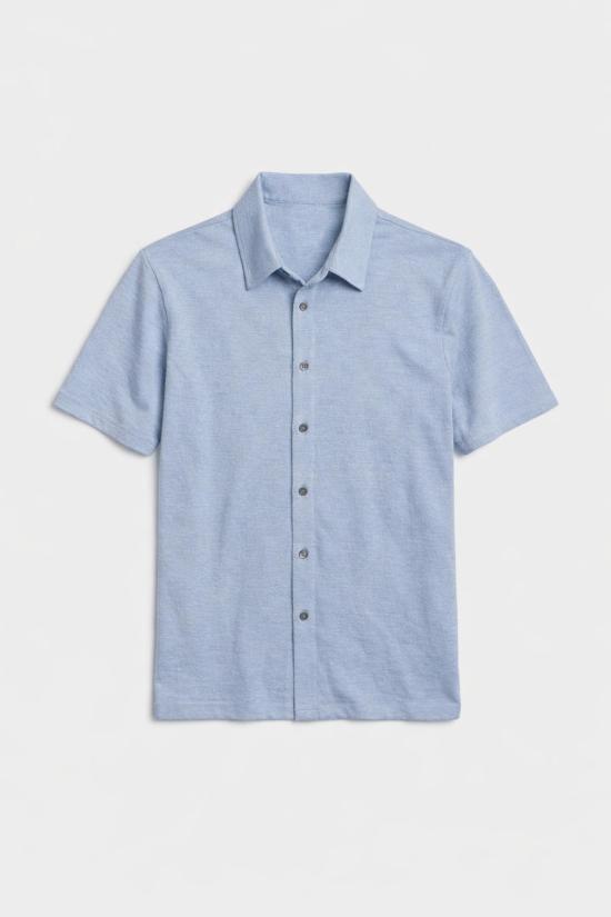  블루&크림 반팔 셔츠 반팔 슬럽 버튼다운 파티나 블루