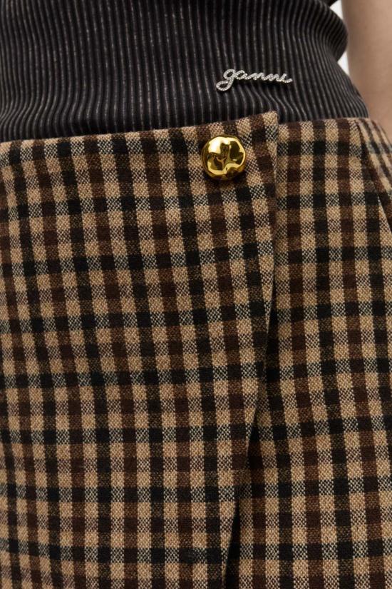  가니 숏 스커트 체크 울 믹스 스커트 치코리 커피 - GANNI