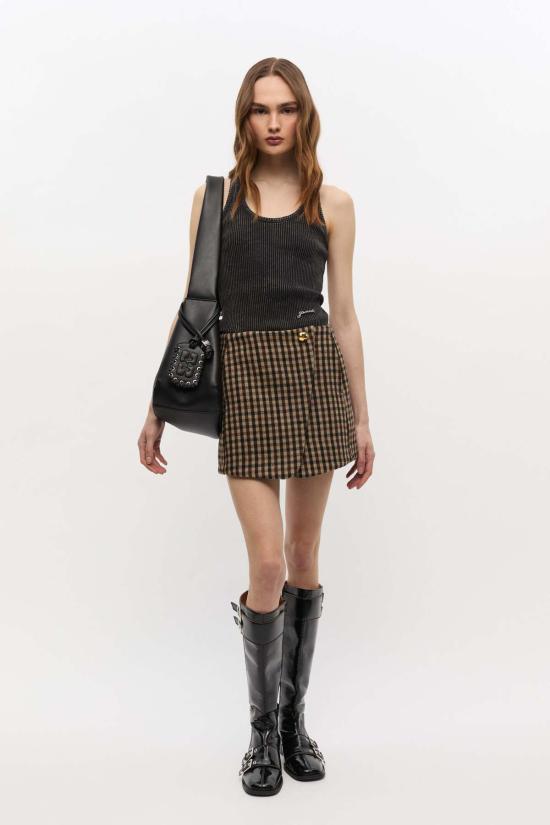 가니 숏 스커트 체크 울 믹스 스커트 치코리 커피 - GANNI