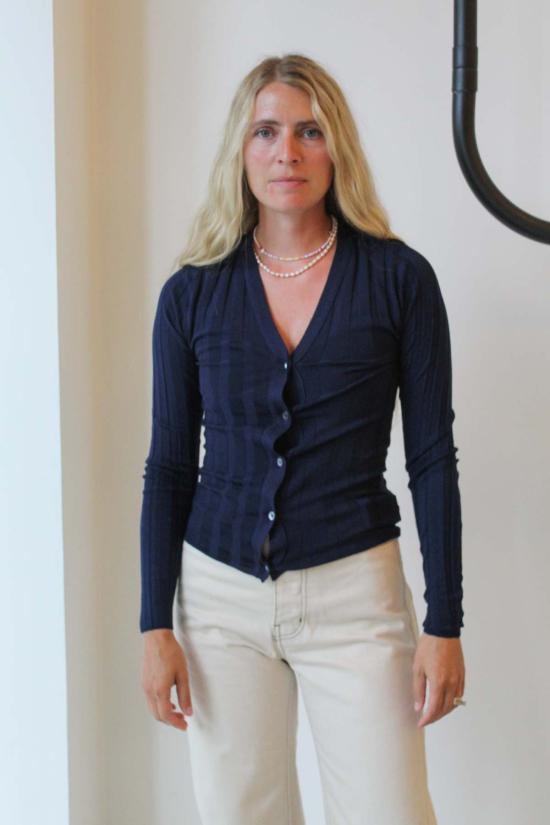  도우터 가디건 &Daughter 메리노 V넥 리브드 카디건 다크 네이비 - &DAUGHTER