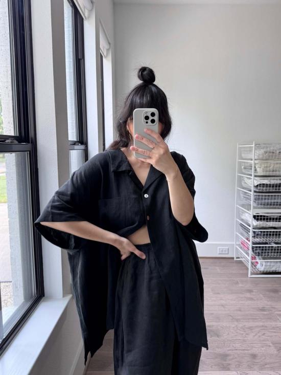  Bohème 블라우스 보헤미안 반팔 옥스포드 셔츠 블랙