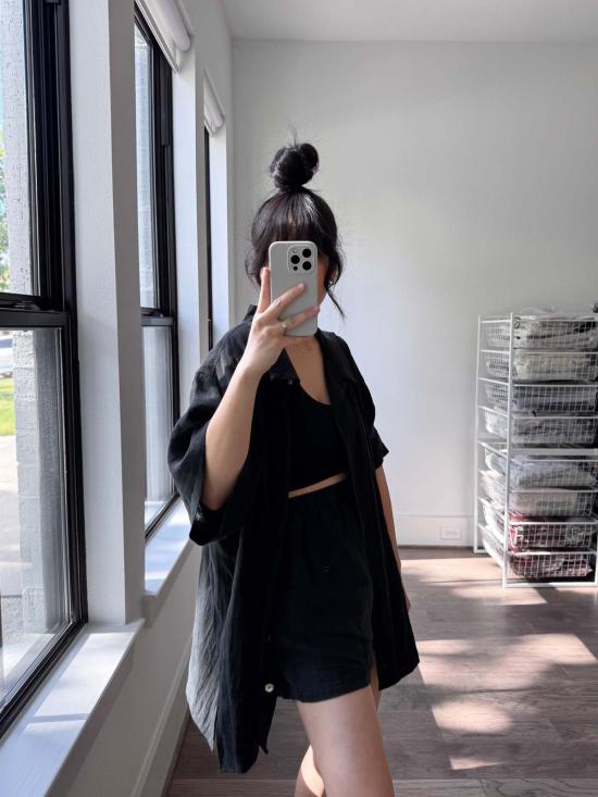  Bohème 블라우스 보헤미안 반팔 옥스포드 셔츠 블랙 - OTHER BRANDS