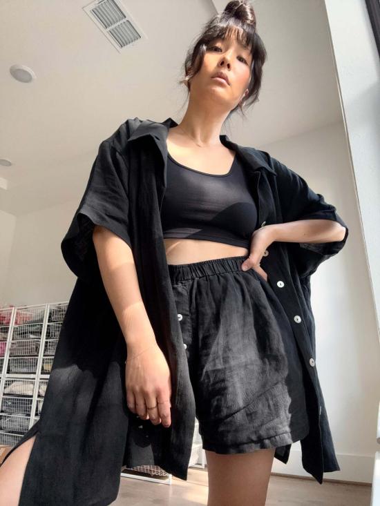  Bohème 블라우스 보헤미안 반팔 옥스포드 셔츠 블랙 - OTHER BRANDS