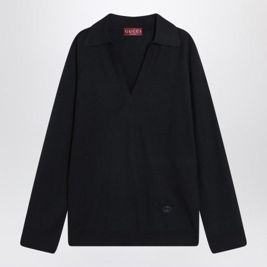25FW 구찌 딥 브이넥 리브드 커프 울 폴로 스웨터 793883XKFA8 4215 BLUE
