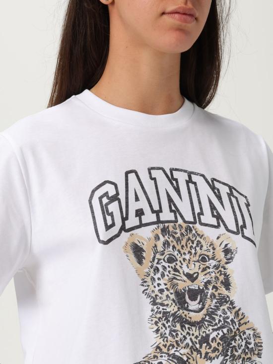 25FW 가니 베이직 저지 레오파드 릴렉스드 티셔츠 T4124 943 White - GANNI