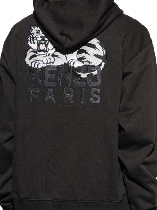 25FW 겐조 해피 타이거 자수 후드 티셔츠 FF65HO2534MF 99J Black - KENZO