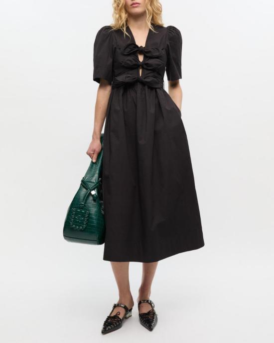  가니 미디 원피스 스트레치 코튼 타이 스트랩 미디 드레스 블랙 - GANNI