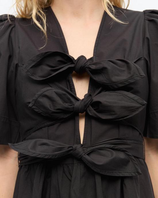  가니 미디 원피스 스트레치 코튼 타이 스트랩 미디 드레스 블랙 - GANNI