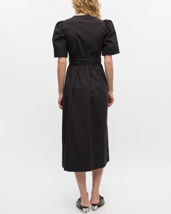  가니 미디 원피스 스트레치 코튼 타이 스트랩 미디 드레스 블랙 - GANNI