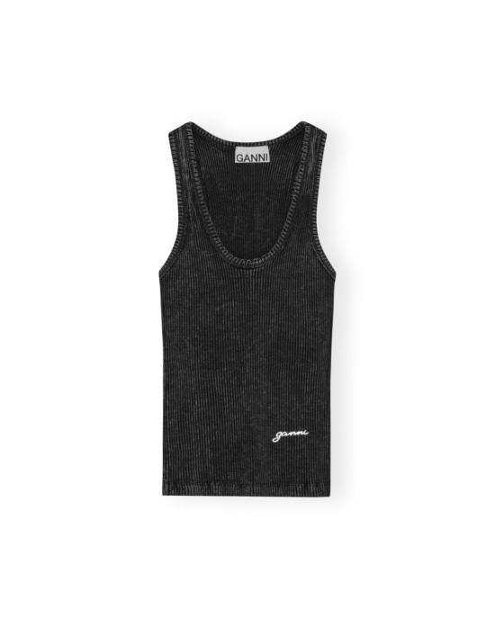  가니 민소매 티셔츠 헤비 리브 저지 탱크탑 블랙 워시드