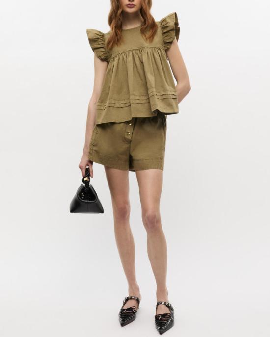  가니 블라우스 워시드 스트레치 코튼 프릴 슬리브 탑 보아 - GANNI