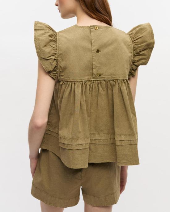  가니 블라우스 워시드 스트레치 코튼 프릴 슬리브 탑 보아 - GANNI