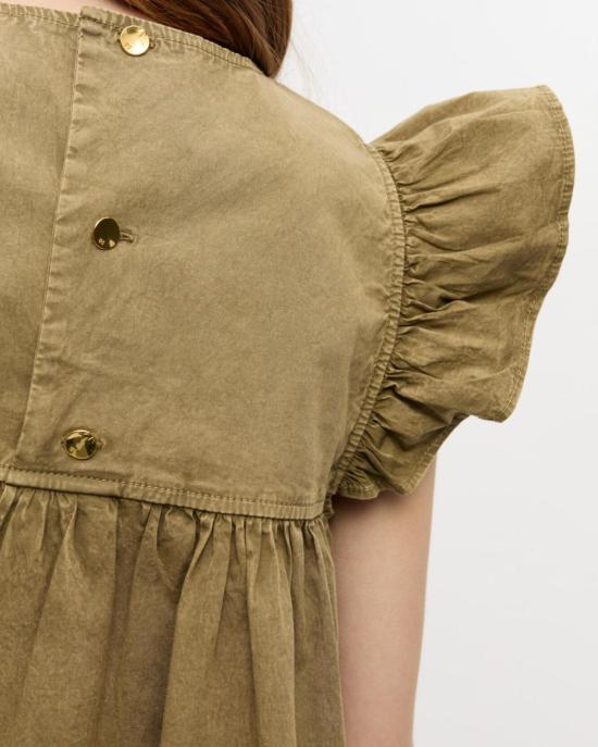  가니 블라우스 워시드 스트레치 코튼 프릴 슬리브 탑 보아 - GANNI