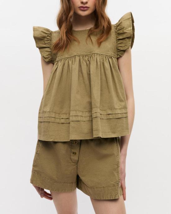  가니 블라우스 워시드 스트레치 코튼 프릴 슬리브 탑 보아 - GANNI