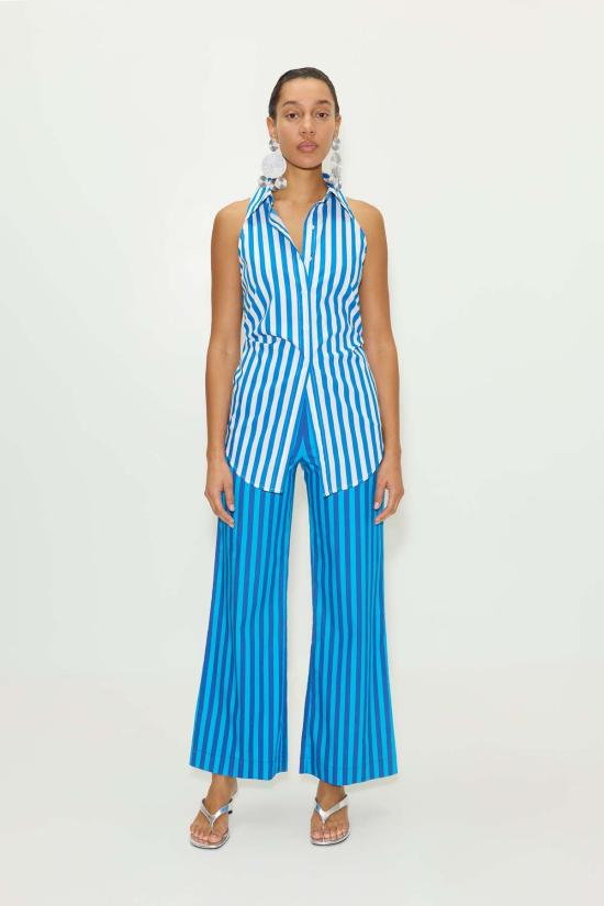  사이먼밀러 스트레이트 팬츠 사이먼 밀러 로크 슬리브리스 팝린 버튼업 블루 스트라이프 - SIMONMILLER