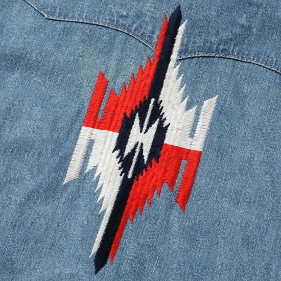  슈가케인 긴팔 셔츠 사탕수수 Sc29473 블루 데님 웨스턴  에이지드 모델 자수 - SUGAR CANE