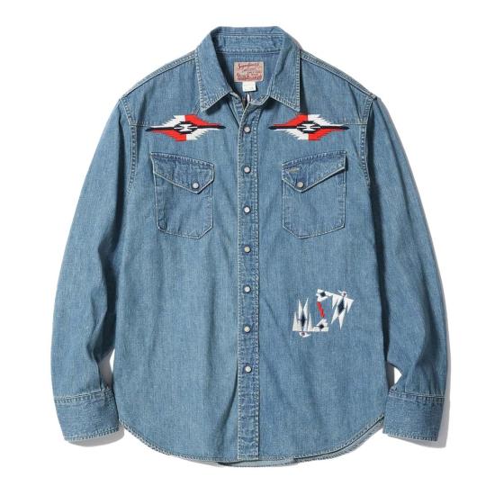  슈가케인 긴팔 셔츠 사탕수수 Sc29473 블루 데님 웨스턴  에이지드 모델 자수