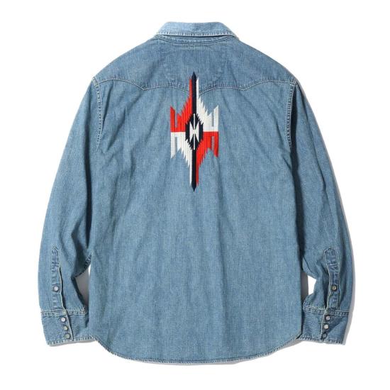  슈가케인 긴팔 셔츠 사탕수수 Sc29473 블루 데님 웨스턴  에이지드 모델 자수 - SUGAR CANE