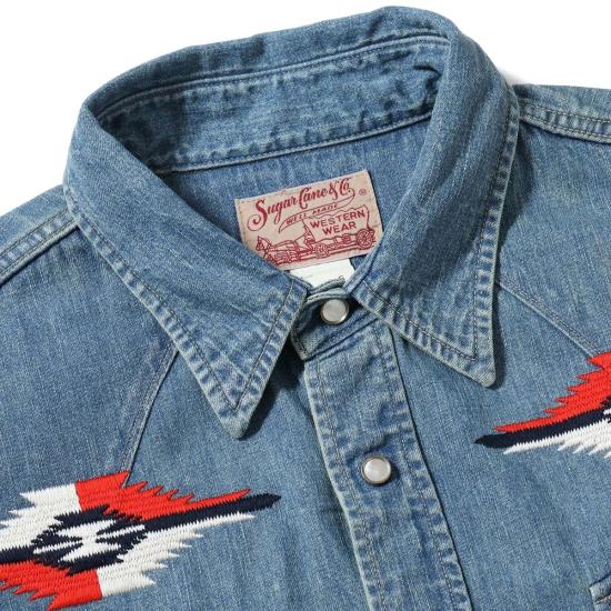  슈가케인 긴팔 셔츠 사탕수수 Sc29473 블루 데님 웨스턴  에이지드 모델 자수 - SUGAR CANE