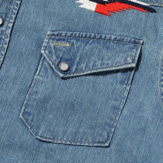  슈가케인 긴팔 셔츠 사탕수수 Sc29473 블루 데님 웨스턴  에이지드 모델 자수 - SUGAR CANE