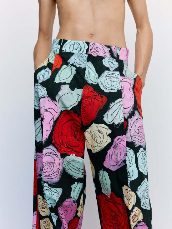  마르니 스트레이트 팬츠 블랙 오리온 프린트 팝린 플리츠 팬츠 - MARNI