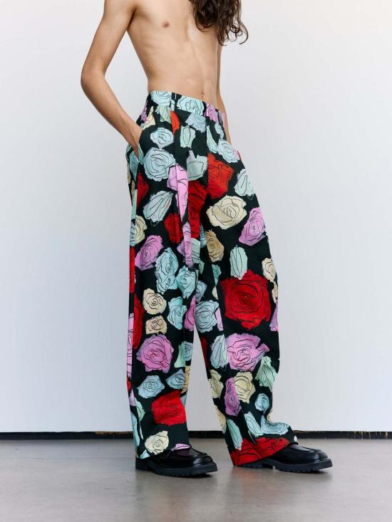  마르니 스트레이트 팬츠 블랙 오리온 프린트 팝린 플리츠 팬츠 - MARNI