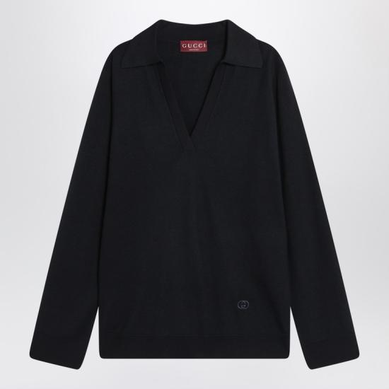  구찌 딥 브이넥 리브드 커프 울 폴로 스웨터 793883XKFA8 Blue