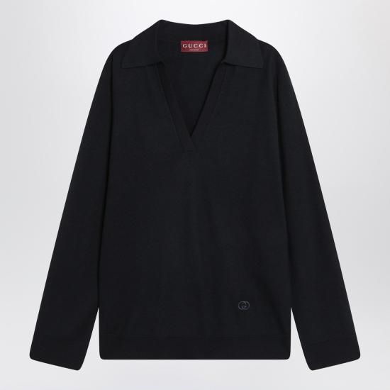 25FW 구찌 딥 브이넥 리브드 커프 울 폴로 스웨터 793883XKFA8 Blue