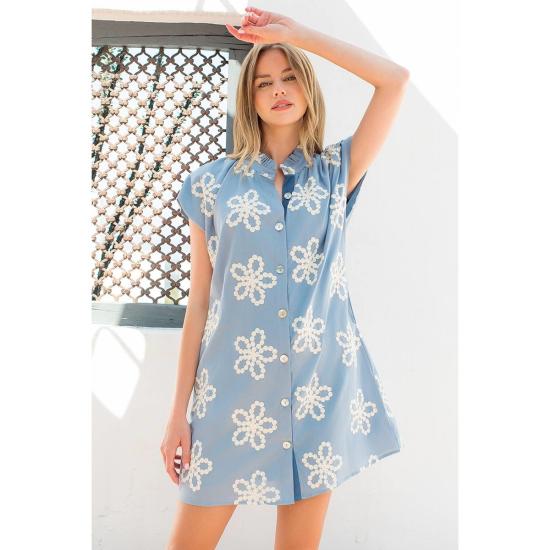  THML 숏 원피스 Thml 자수 러플 칼라 캡 슬리브 드레스